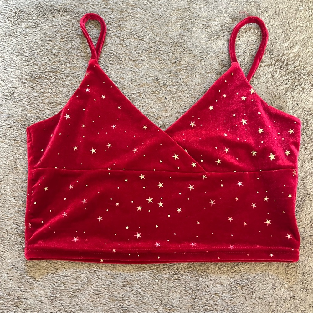 Red velvet cropped tank with stars